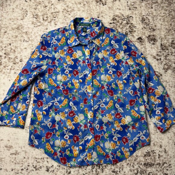 Ralph Lauren Blouse Light Blue Floral 3/4 Sleeve Button Shirt Women's PL Vintage - Picture 1 of 10
